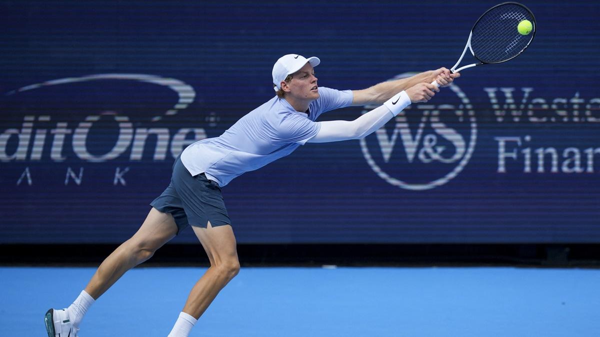 Italy's Jannik Sinner returns against Canada's Felix Auger Aliassime during the quarter-finals of the Cincinnati Open, at the Lindner Family Tennis Center, on Friday.