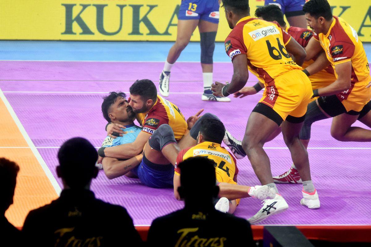 Players in action during the Pro Kabaddi League match between Bengal Warriors vs Telugu Titans, at Sardar Vallabhbhai Patel Stadium in Mumbai on January 9, 2024