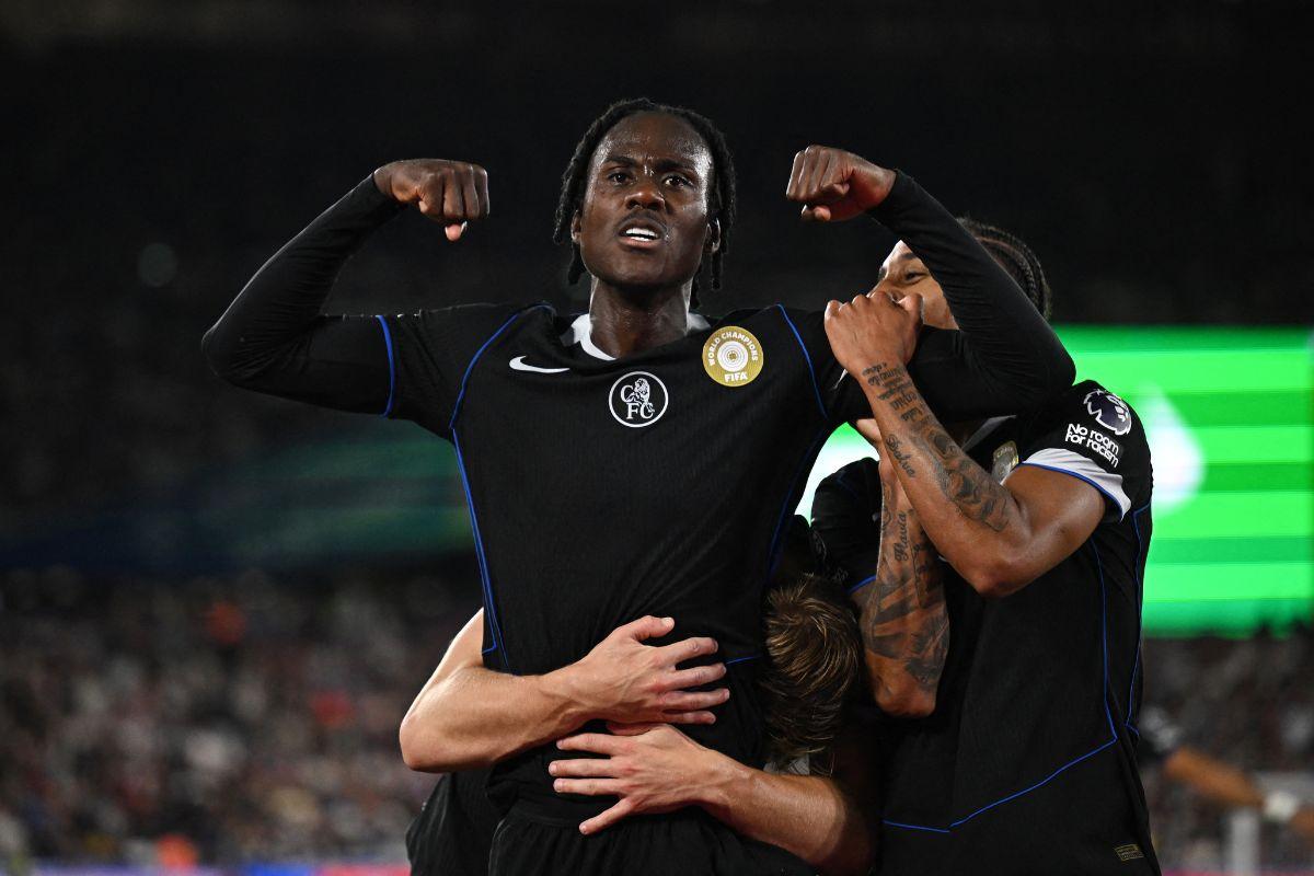 Chelsea's Trevoh Chalobah celebrates with Liam Delap and Joao Pedro afer scoring their fifth goal against West Ham United at London Stadium in London on Friday 