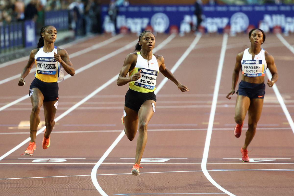 Melissa Jefferson-Wooden of the US wins the women's 100m final ahead of second placed Sha'Carri Richardson also of the US and fourth placed Jamaica's Shelly-Ann Fraser-Pryce at the Brussels Diamond League at King Baudouin Stadium, Brussels, Belgium, on Friday