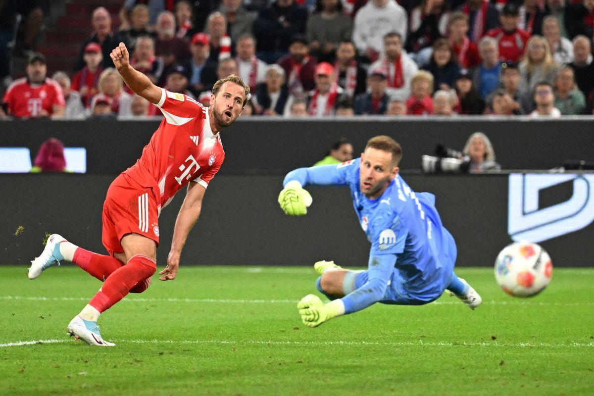 Bayern Munich's Harry Kane scores their sixth goal to complete a hat-trick in the Bundesliga season opener against RB Leipzig at Allianz Arena, Munich, Germany, on Friday