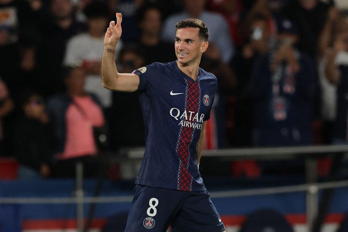 Paris St Germain's Fabian Ruiz celebrates scoring their first goal against Angers SCO on Friday