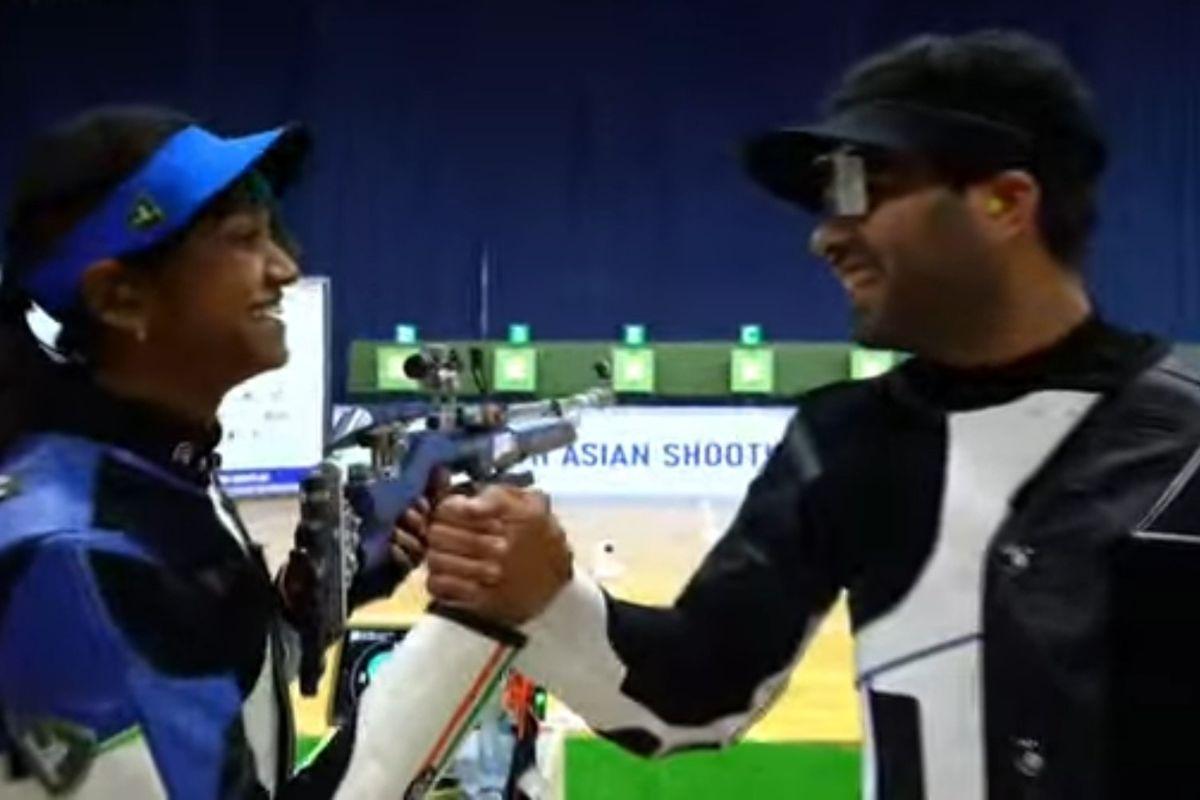 India's Arjun Babuta and Elavenil Valarivan celebrate on winning the 10m air rifle mixed team gold at the 16th Asian Shooting Championship in Shymkent, Kazakhstan, on Saturday