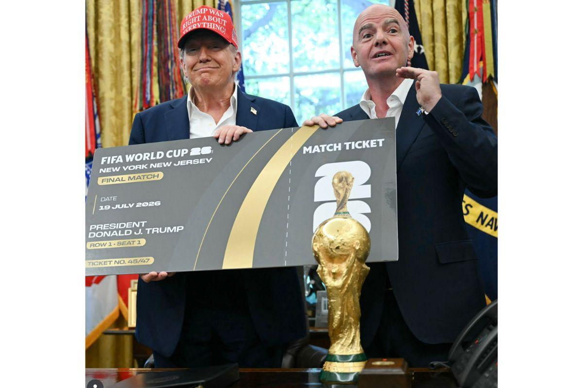 FIFA President Gianni Infantino presents the first ticket of the 2026 FIFA World Cup to US President Donald Trump on Friday