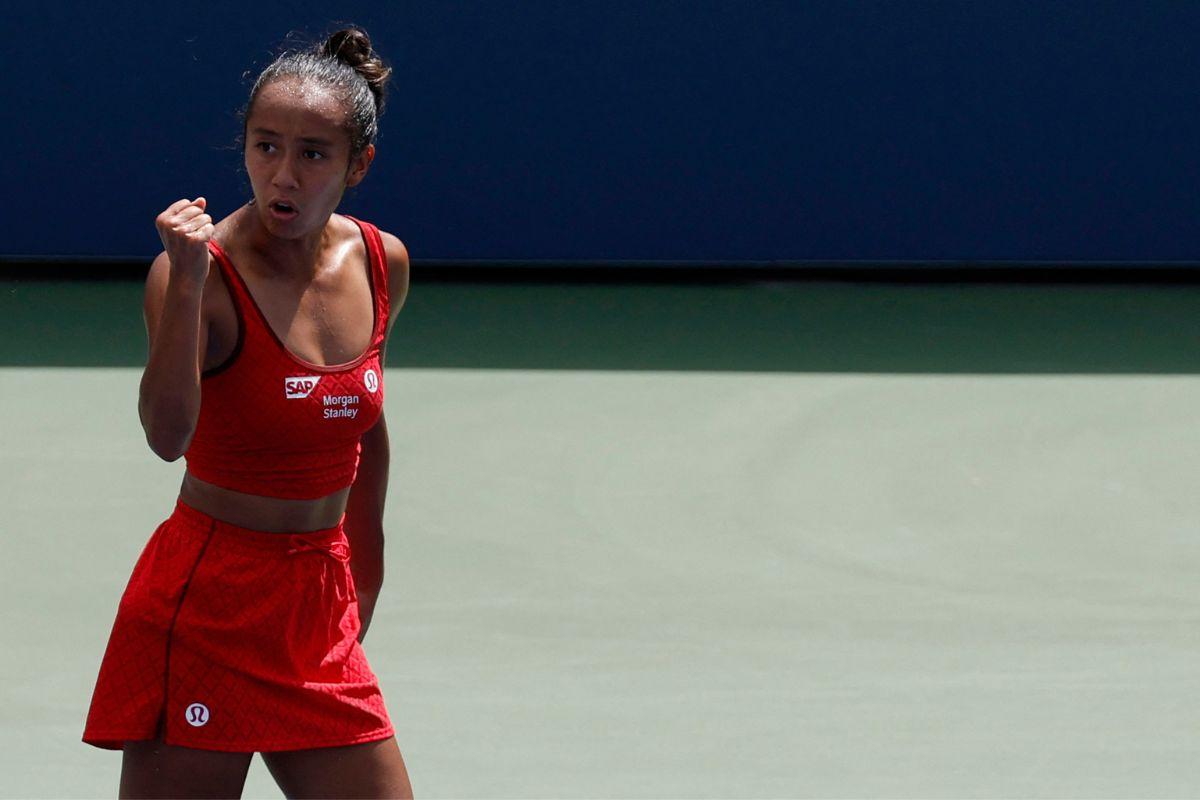 Canada's Leylah Fernandez  reacts after winning a point against compatriot Rebecca Marino