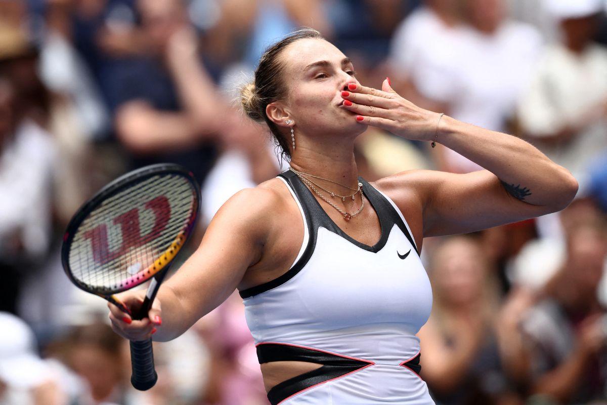 Belarus' Aryna Sabalenka celebrates winning her US Open first round match against Switzerland's Rebeka Masarova 