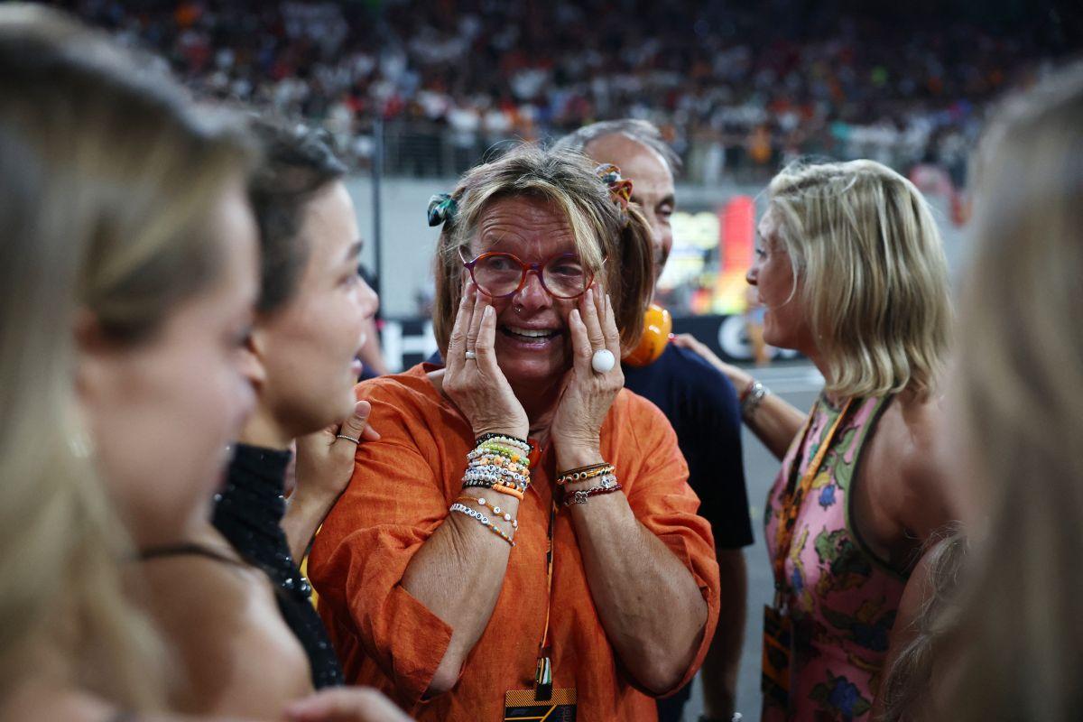 Cisca Wauman the mother of McLaren's Lando Norris reacts after his victory