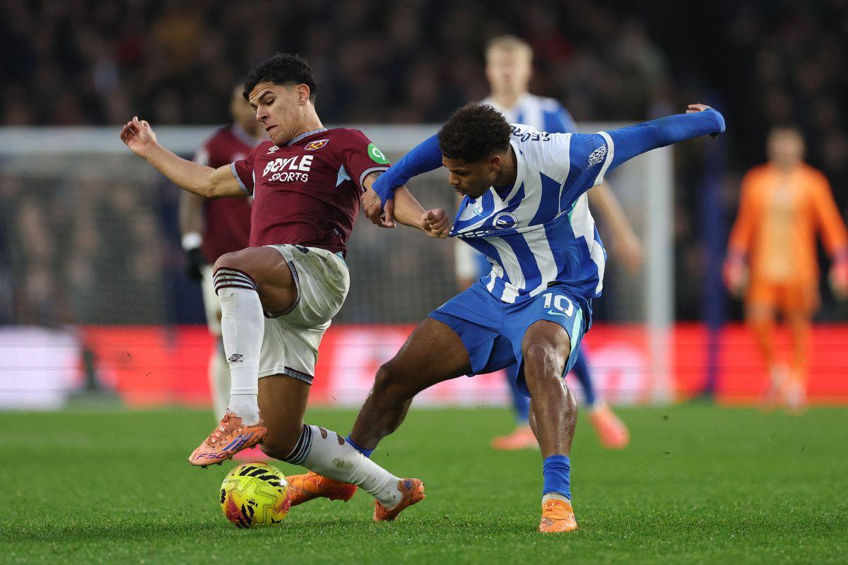 West Ham United's Mateus Fernandes vies with Brighton & Hove Albion's Georginio Rutter during their match at The American Express Community Stadium, Brighton, Britain 