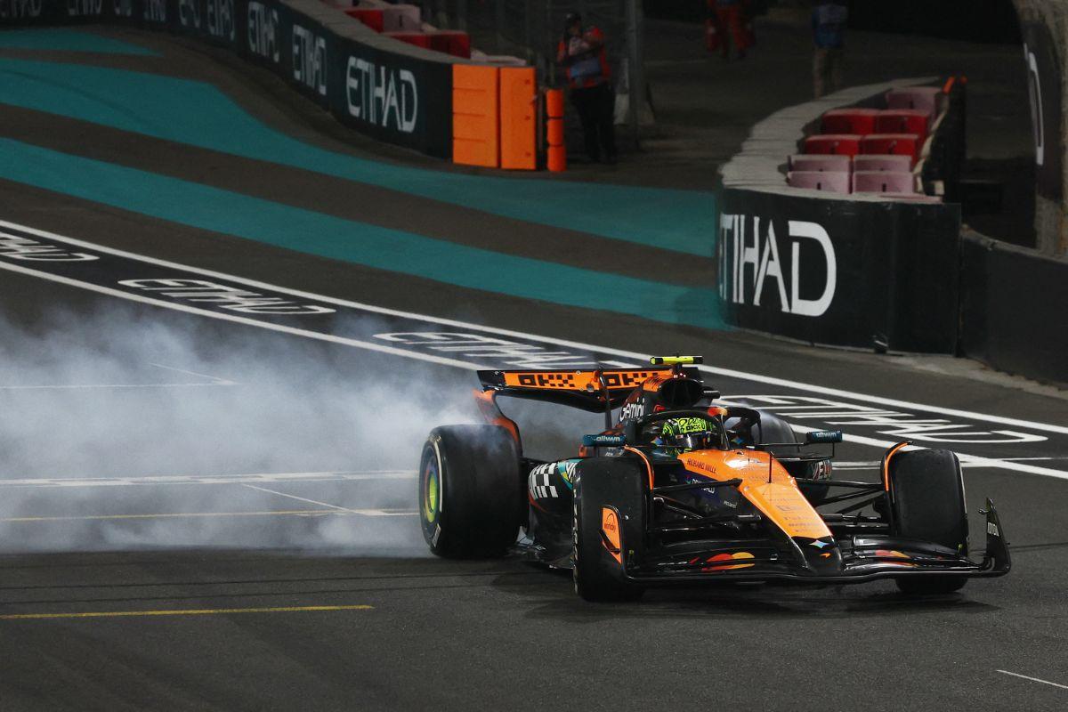 McLaren's Lando Norris celebrates after becoming the 2025 Formula One World Champion after Abu Dhabi F1 Grand Prix on Sunday, December 7