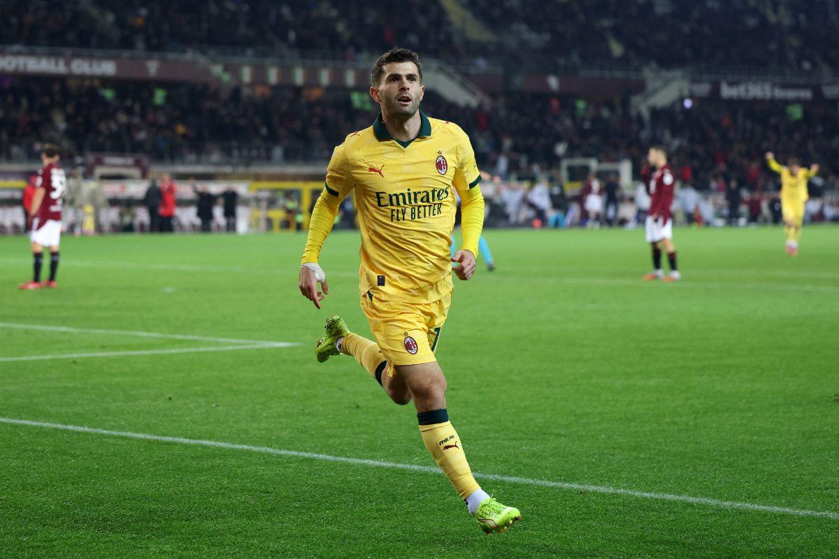 AC Milan's Christian Pulisic celebrates scoring their third goal against Torino in their Serie A match at Stadio Olimpico Grande Torino, Turin, Italy on Monday
