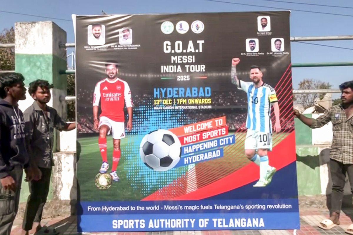 Posters of star footballer Lionel Messi and CM Revanth Reddy put up in the city ahead of Messi's G.O.A.T India Tour 2025, in Hyderabad on Friday