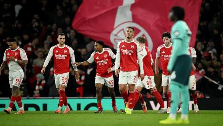 Arsenal's players react after Wolverhampton Wanderers's Yerson Mosqueraan scores an own goal during the Premier League match at the Emirates Stadium, London, on Saturday.