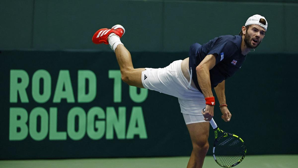 Britain's Jacob Fearnley in action during his Davis Cup first round match against Japan's Kei Nishikori at Bourbon Beans Dome, Miki, Japan, on Friday.