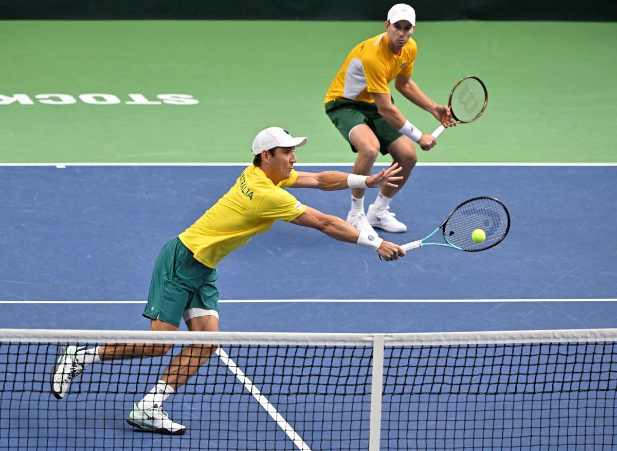 Australia's Matthew Ebden and John Peers in action during the doubles match against Sweden's Andre Goransson and Filip Bergevi at the Royal Tennis Hall, Stockholm, Sweden.