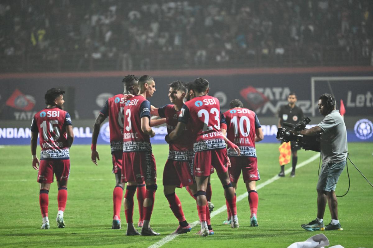 Jamshedpur FC players celebrate a goal against FC Goa in Jamshedpur on Sunday