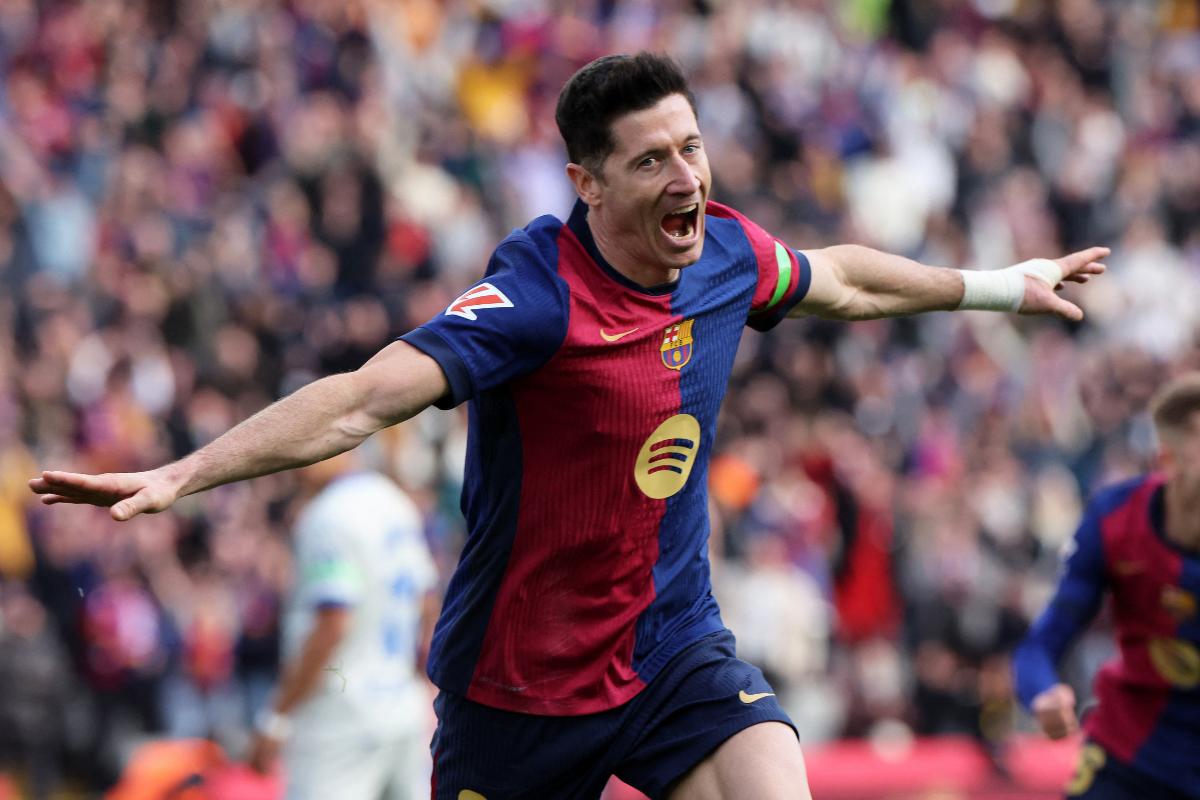 FC Barcelona's Robert Lewandowski celebrates scoring their first goal against Deportivo Alaves - Estadi Olimpic Lluis Companys, Barcelona, Spain on Sunday