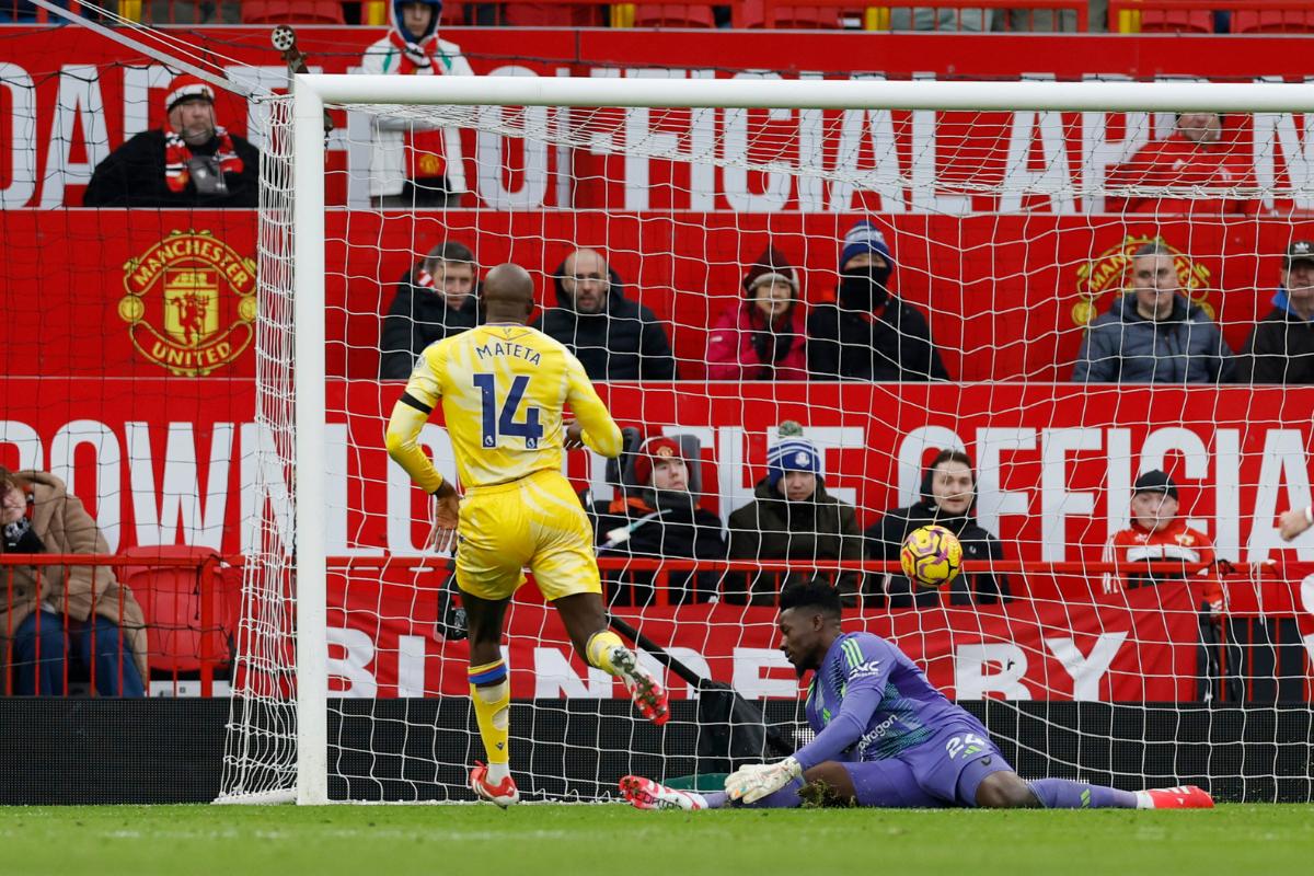 Crystal Palace's Jean-Philippe Mateta scores their second goal past Manchester United's Andre Onana