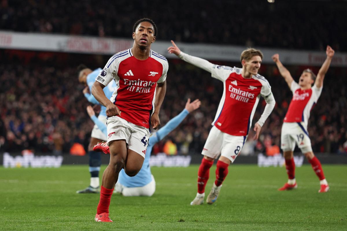 Arsenal's Myles Lewis-Skelly celebrates scoring their third goal against Manchester City at Emirates Stadium, London, Britain, on Sunday 