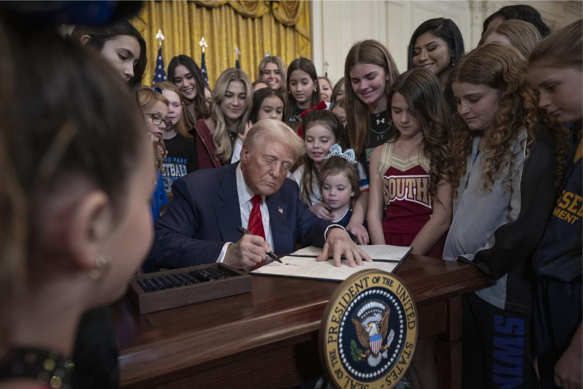 US President Donald Trump signed an executive order banning transgender girls and women from participating in women’s sports, in the East Room at the White House in Washington, US, on Wednesday, February 5, 2025