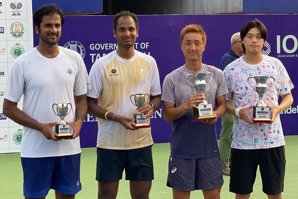 Chennai Open ATP Challenger runners-up Ramkumar Ramanathan and Saketh Myneni with title winnners, Japan's Shintaro Mochizuki and Kaito Uesugi on Saturday.