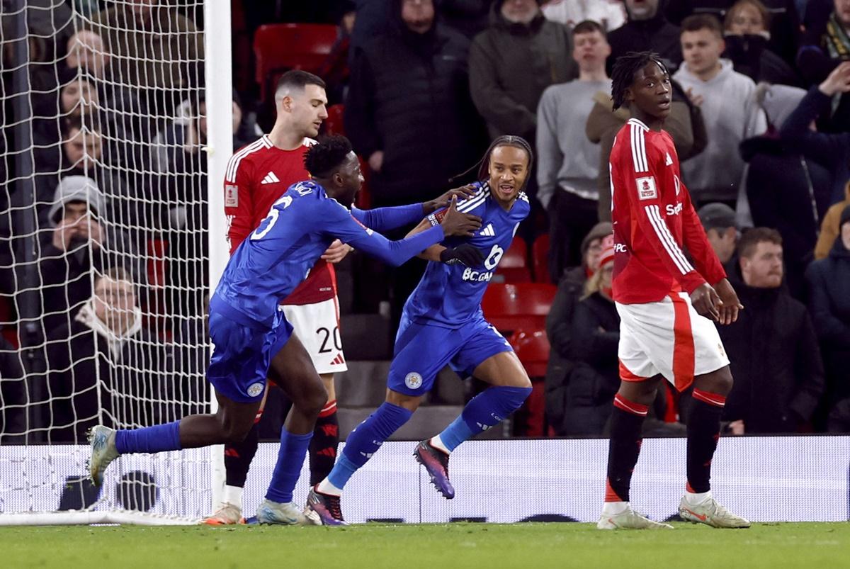 Bobby Decordova-Reid celebrates putting Leicester City ahead in the match.