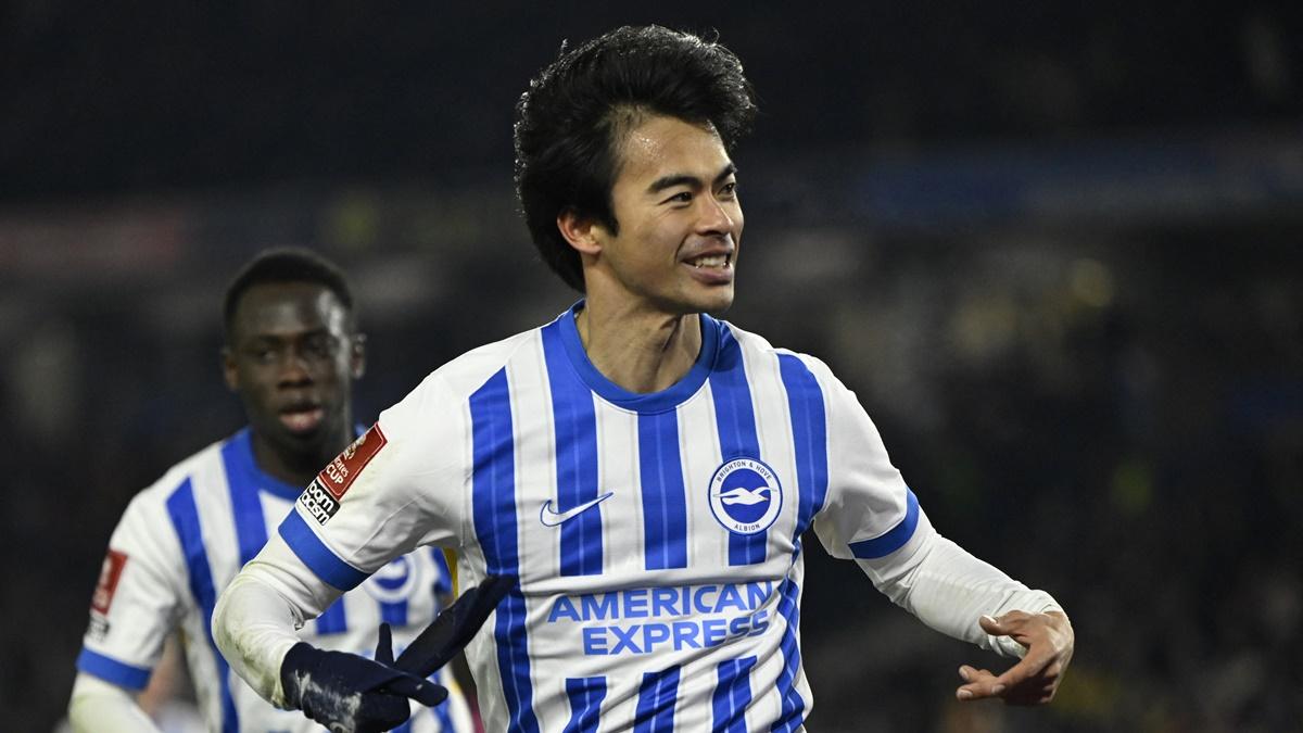 Kaoru Mitoma celebrates scoring Brighton & Hove Albion's second goal.