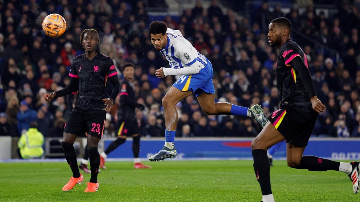 Georginio Rutter scores Brighton & Hove Albion's first goal against Chelsea at The American Express Community Stadium, Brighton.