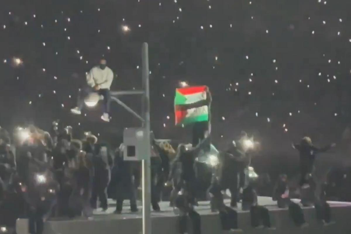 A protester raised the flags of Palestine and Sudan at the Super Bowl halftime show. He was later tackled to the ground and suppressed.