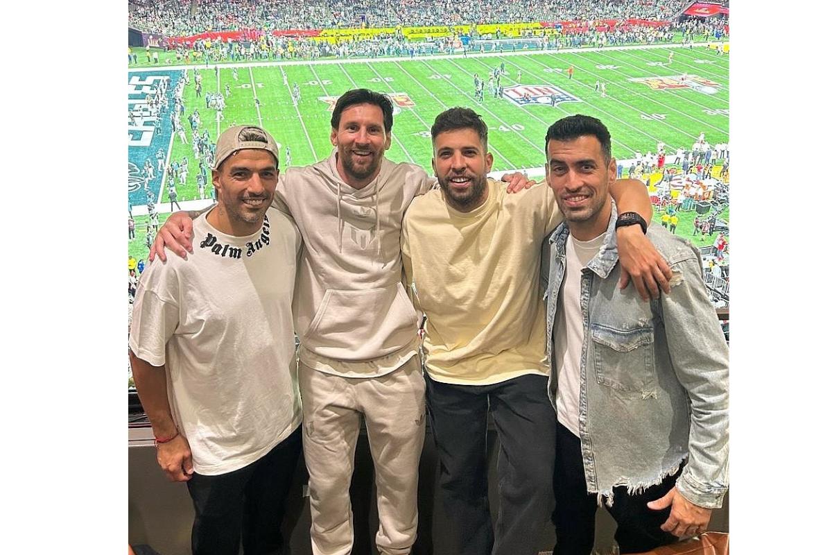 Football superstars and former FC Barcelona teammates Luis Suarez, Lionel Messi, Jordi Alba and Sergio Busquets at the NFL Super Bowl on Sunday