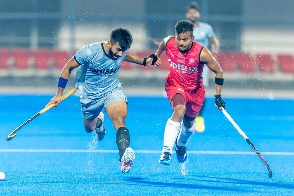 Indian hockey players at practice on Wednesday