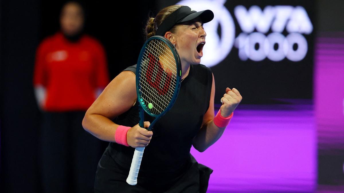 Latvia's Jelena Ostapenko celebrates victory over Poland's Iga Swiatek in the semi-finals of the Qatar Open, at the Khalifa International Tennis and Squash Complex, in Doha, on Friday.