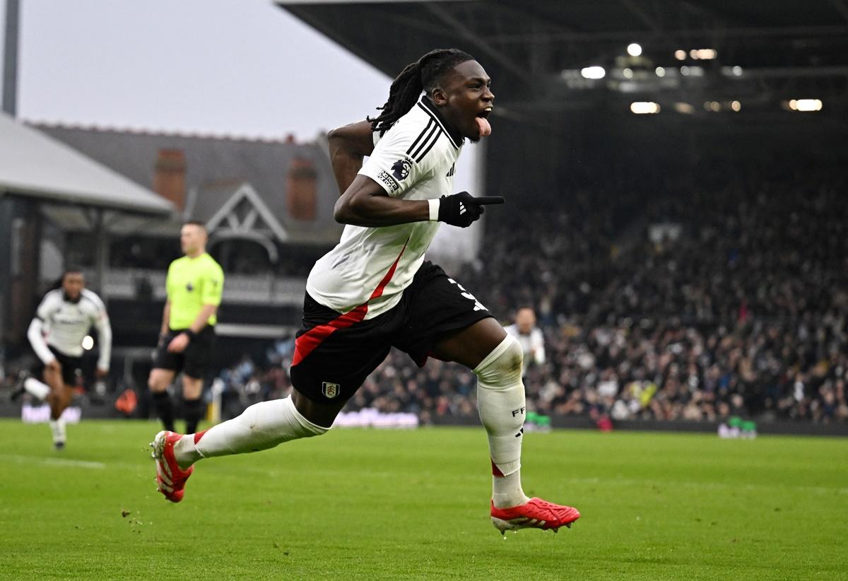 Calvin Bassey celebrates scoring Fulham's second goal against Nottingham Forest at Craven Cottage, London.