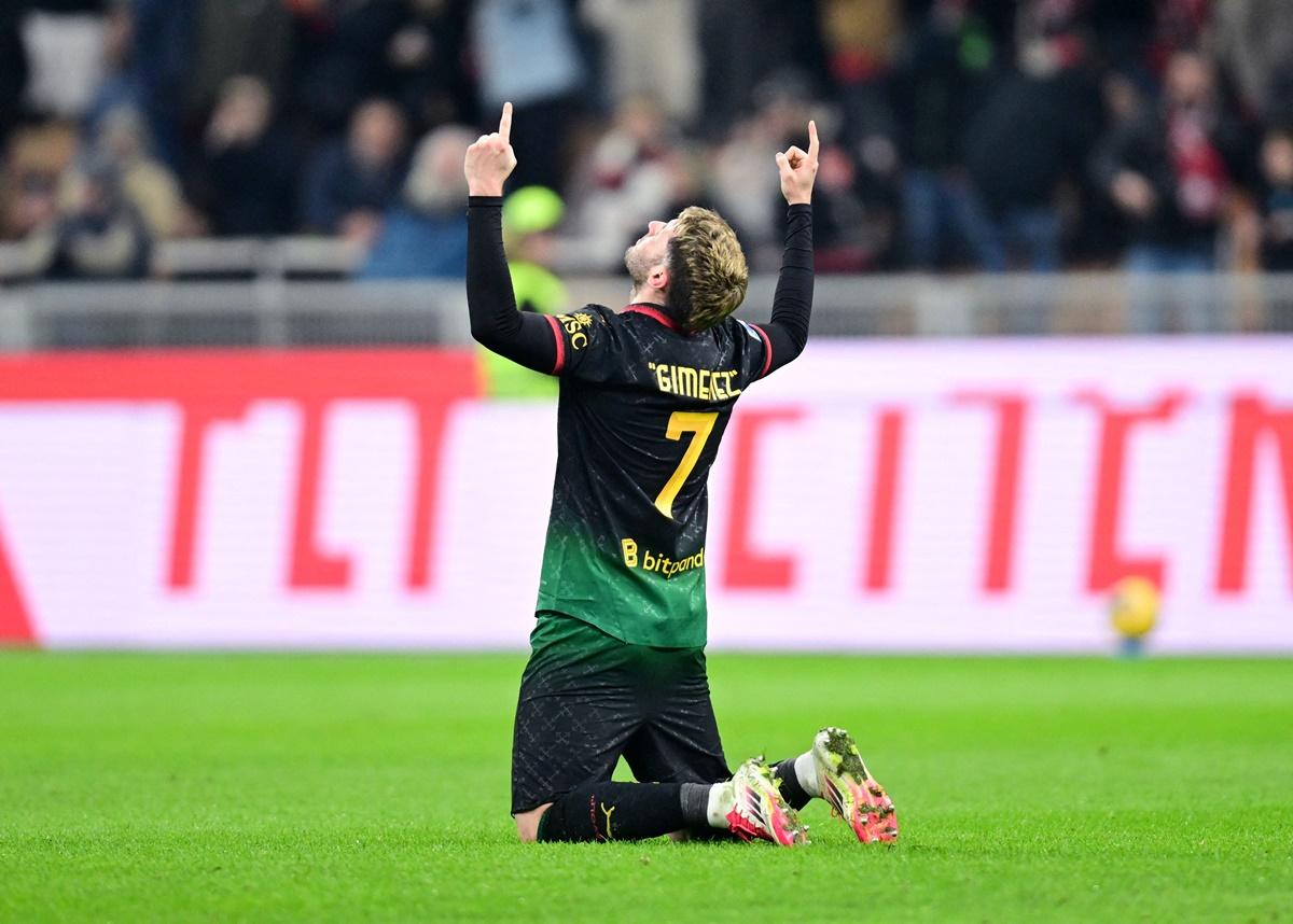 AC Milan's Santiago Gimenez celebrates scoring against Hellas Verona, at San Siro, Milan.