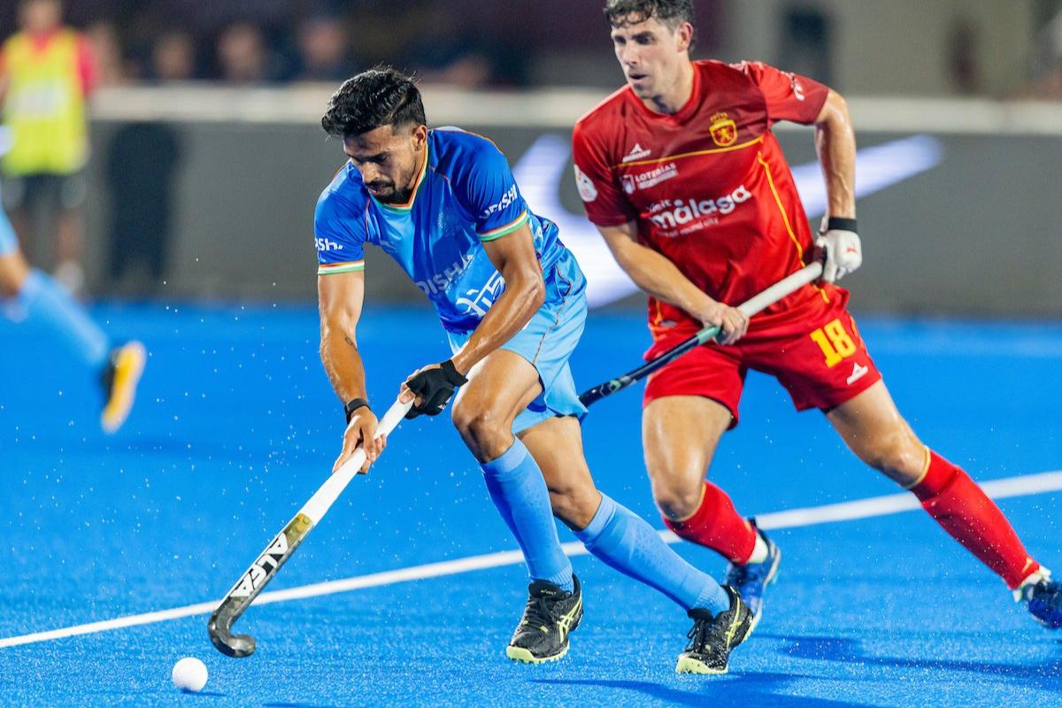 Action from the FIH Pro League match between India and Spain in Bhubaneswar on Sunday