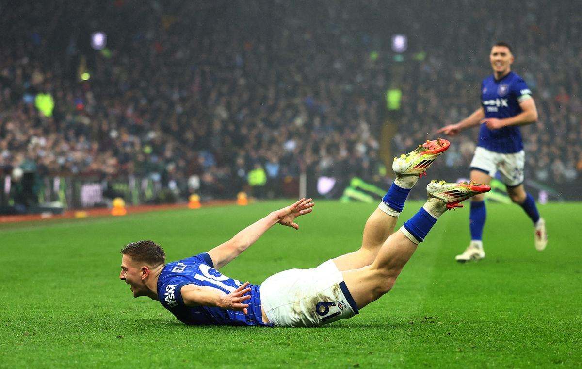 Liam Delap celebrates putting Ipswich Town ahead against Aston Villa at Villa Park, Birmingham.