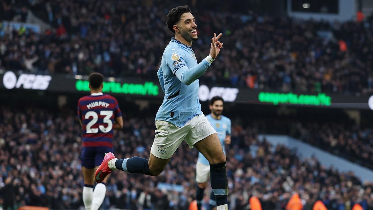 Omar Marmoush celebrates scoring Manchester City's third goal to complete a hat-trick during the Premier League match against Newcastle United at Etihad Stadium, Manchester, on Saturday.