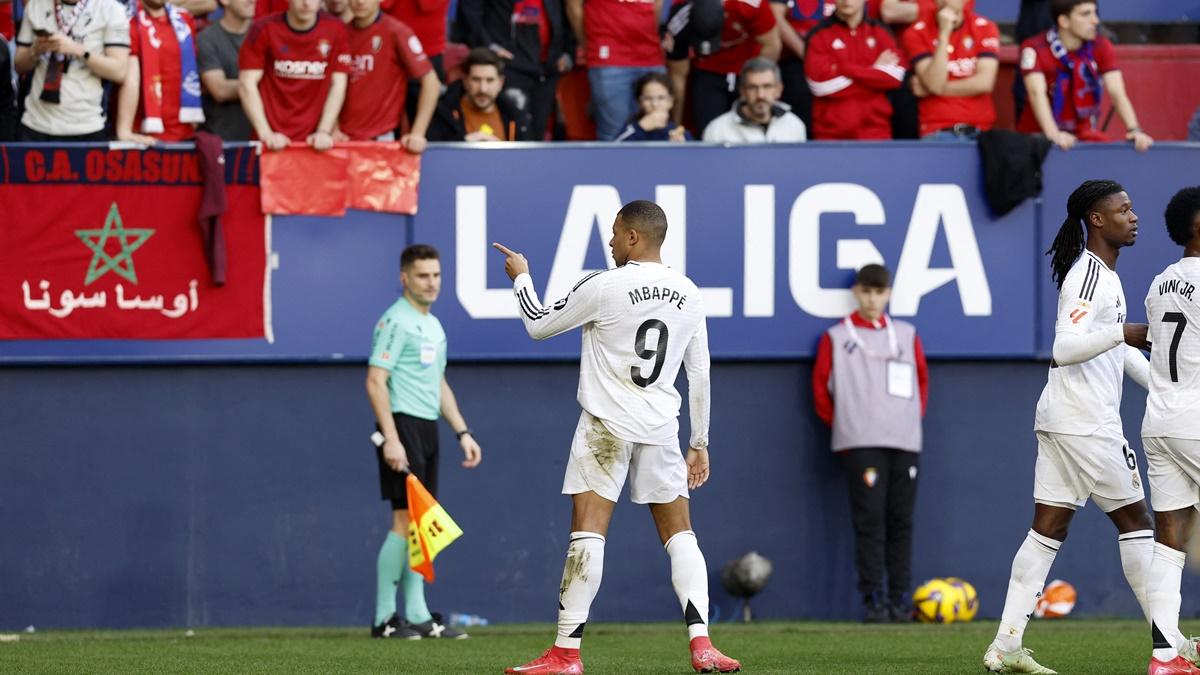 Kylian Mbappe celebrates putting Real Madrid ahead in the LaLiga match against Osasuna at El Sadar Stadium, Pamplona, on Saturday.