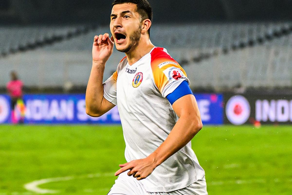 Saul Crespo is ecstatic on celebrating the 2nd goal against Mohammedan Sporting in their Indian Super League match in Kolkata on Sunday