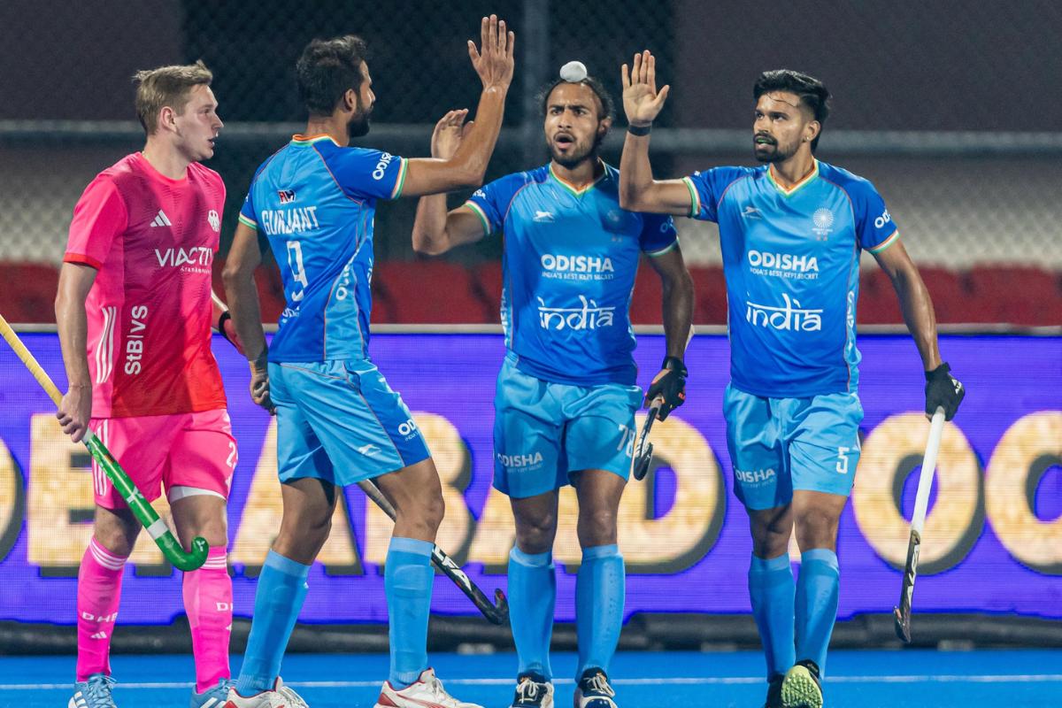 India players celebrate after Gurjant Singh scored the equaliser against Germany 