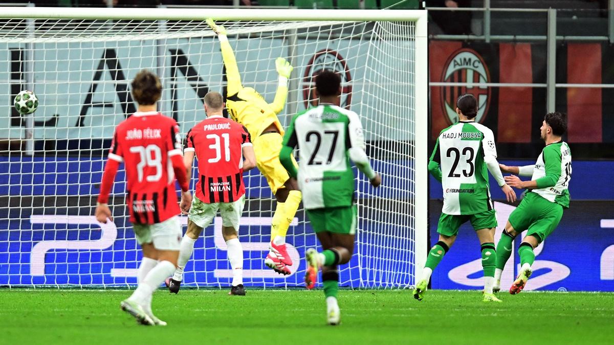 Julian Carranza (right) scores with a header to give Feyenoord the all-important goal against AC Milan in the Champions League Knock-out Phase Play-off second leg at San Siro, Milan, Italy, on Tuesday.