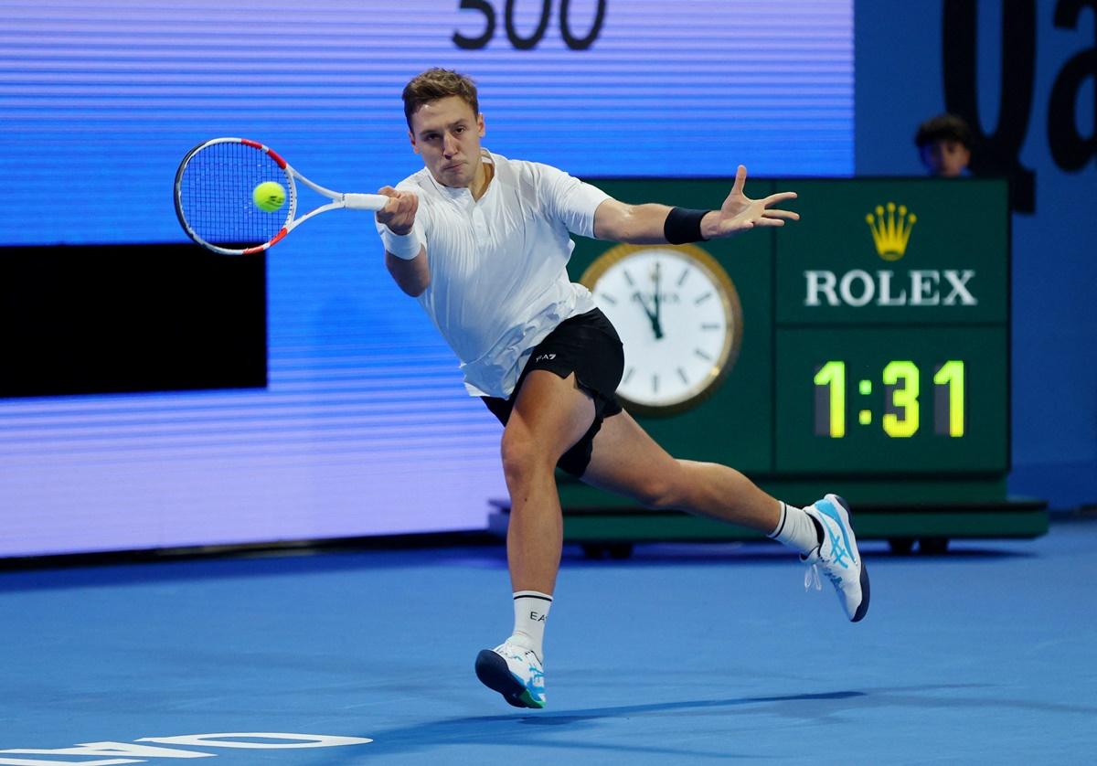 Serbia's Hamad Medjedovic in action during his Round of 32 match against Greece's Stefanos Tsitsipas.