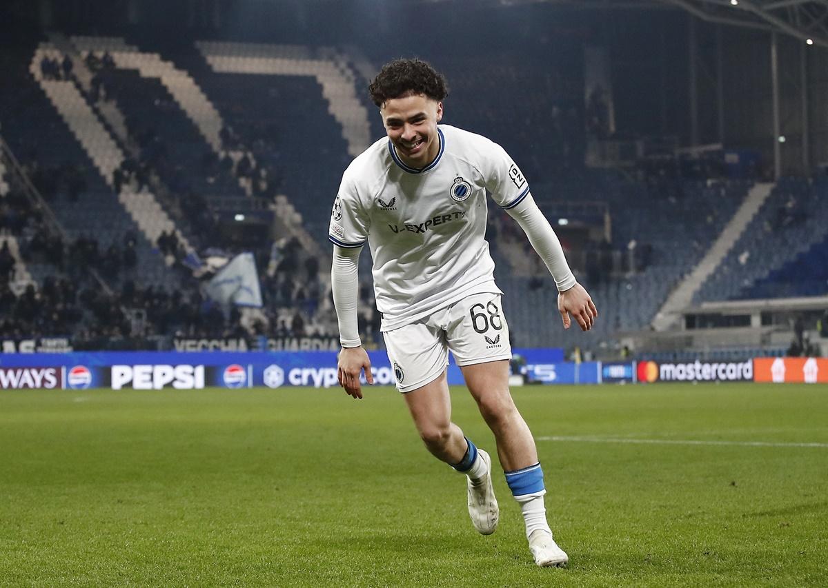 Club Brugge's Chemsdine Talbi, who scored twice early on, celebrates after the match against Atalanta, at Gewiss Stadium, Bergamo, Italy.