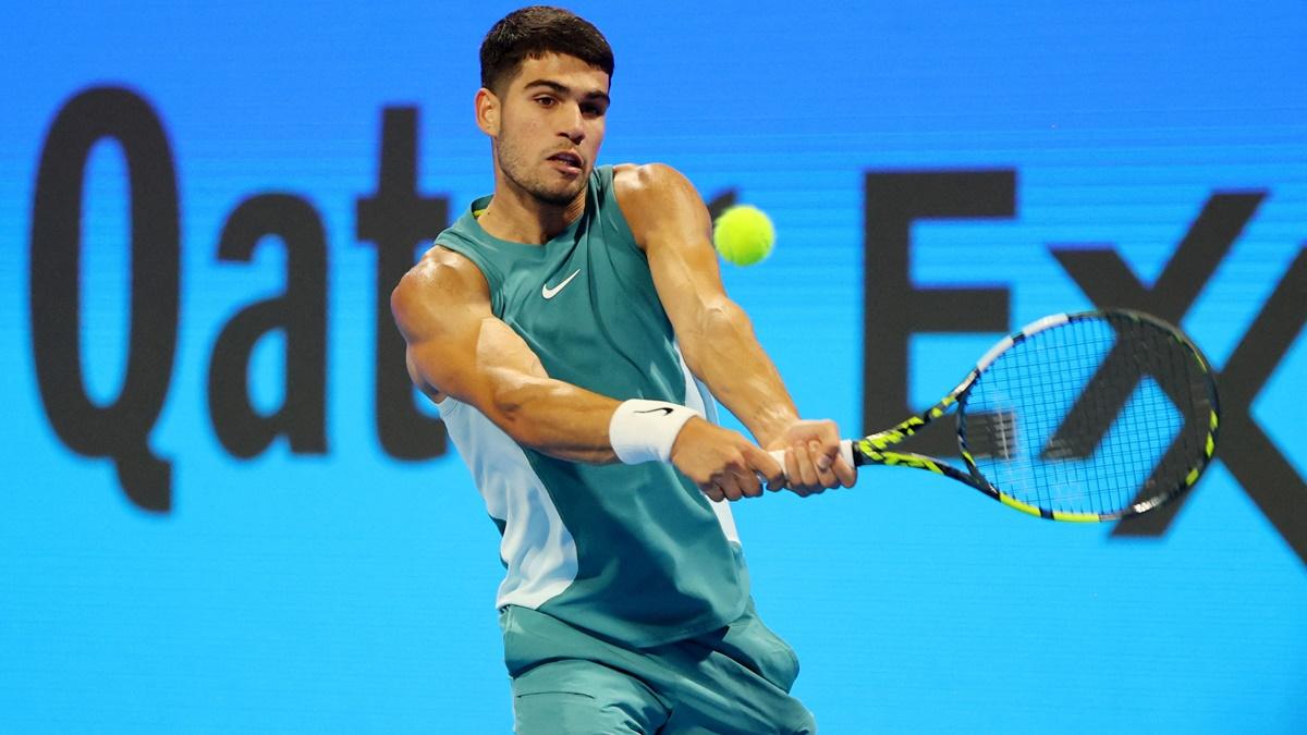 Spain's Carlos Alcaraz in action during his Qatar Open Round of 16 match against Italy's Luca Nardi at Khalifa International Tennis and Squash Complex, Doha, on Wednesday.