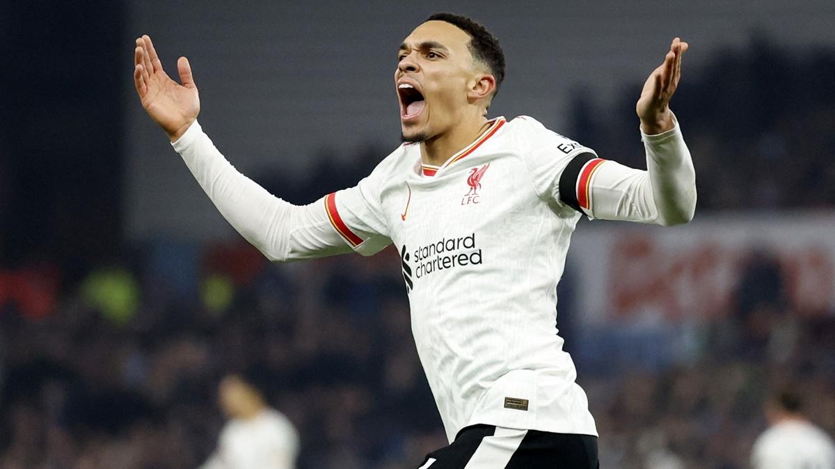 Trent Alexander-Arnold celebrates scoring Liverpool's second goal during the Premier League match against Aston Villa, at Villa Park, Birmingham, on Wednesday.