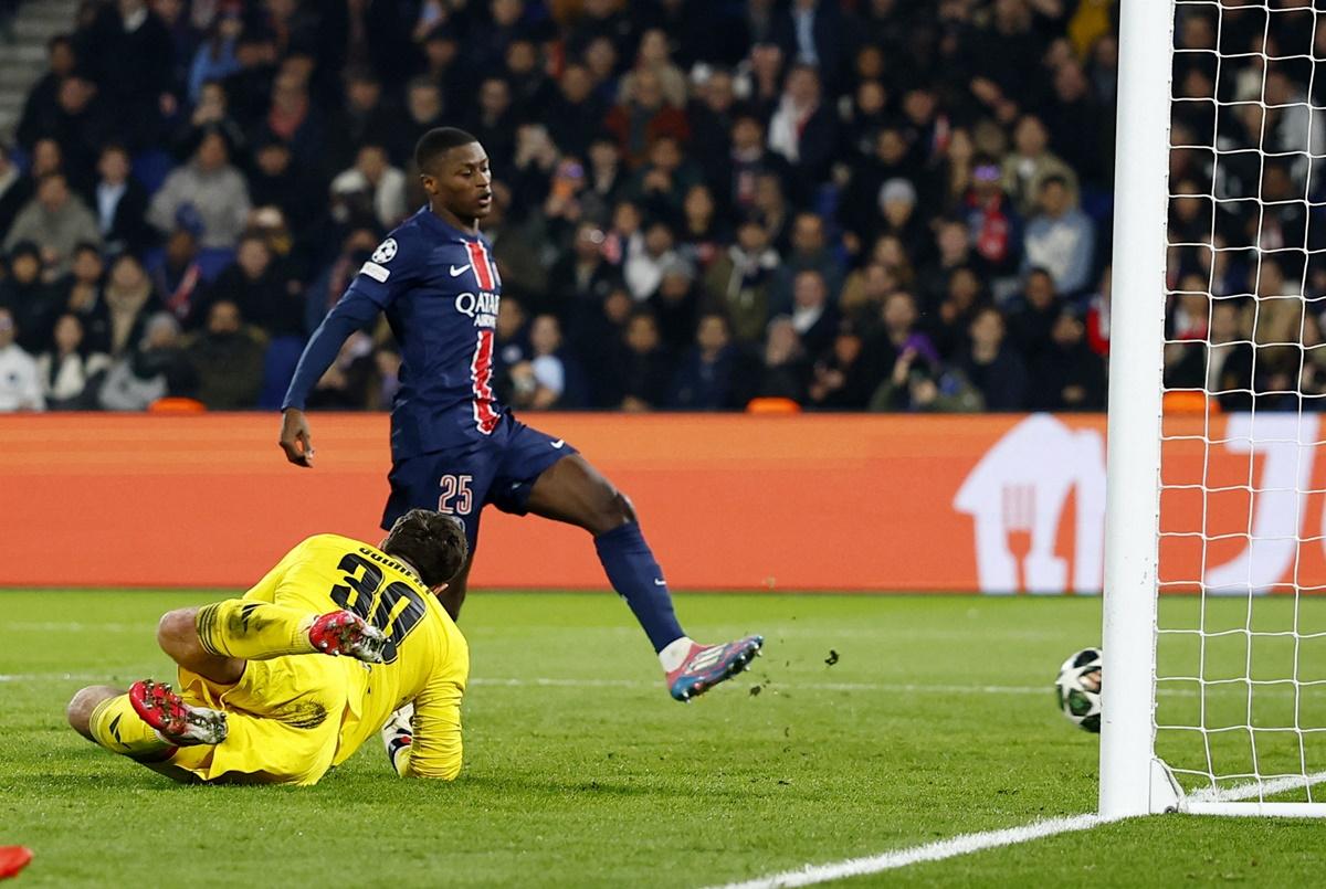 Nuno Mendes scores Paris St Germain's fifth goal against Brest at the Parc des Princes, Paris.