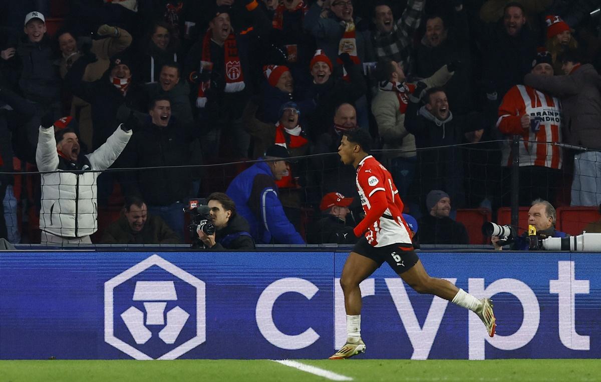 Ryan Flamingo breaks into celebration after scoring PSV Eindhoven's third goal against Juventus in extra-time, at Philips Stadion, Eindhoven, Netherlands. 