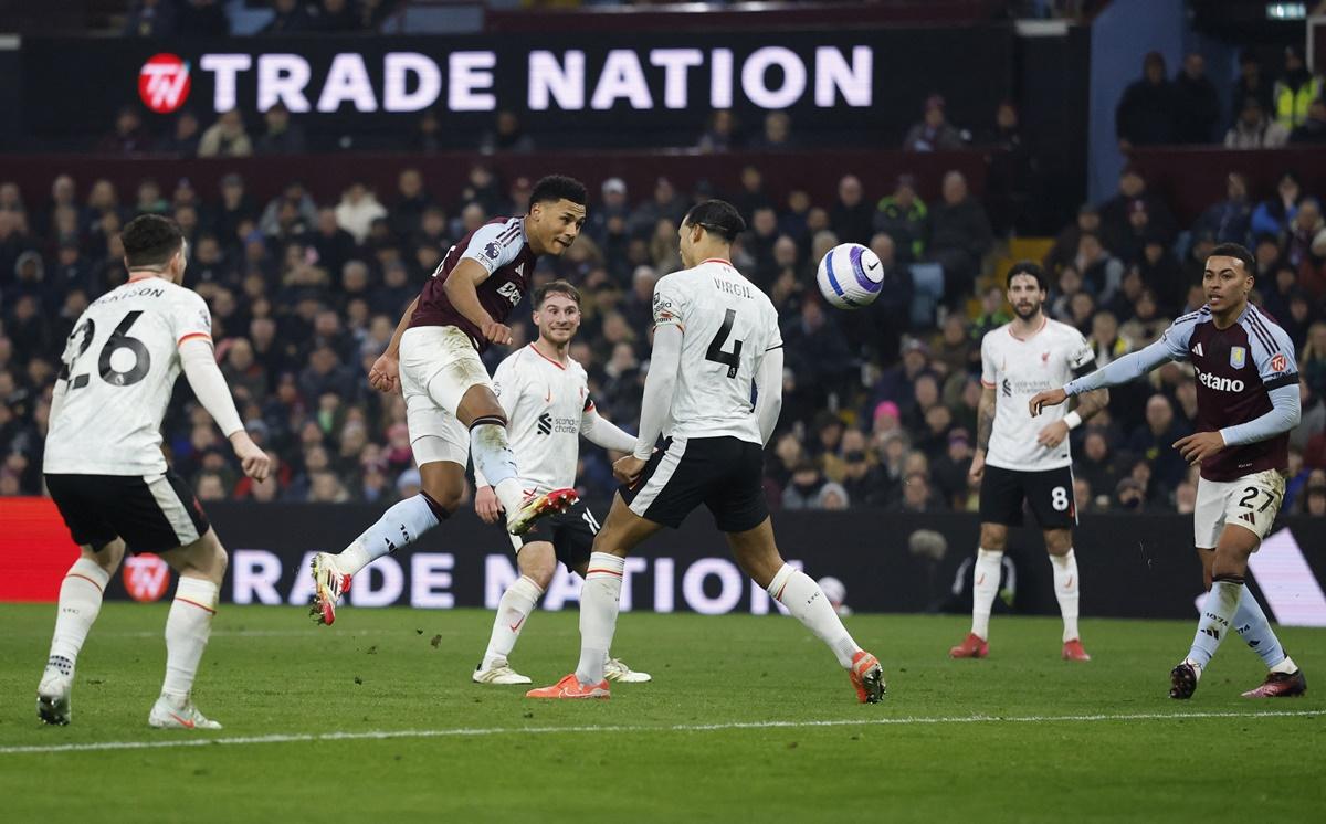 Ollie Watkins scores Aston Villa's second goal.