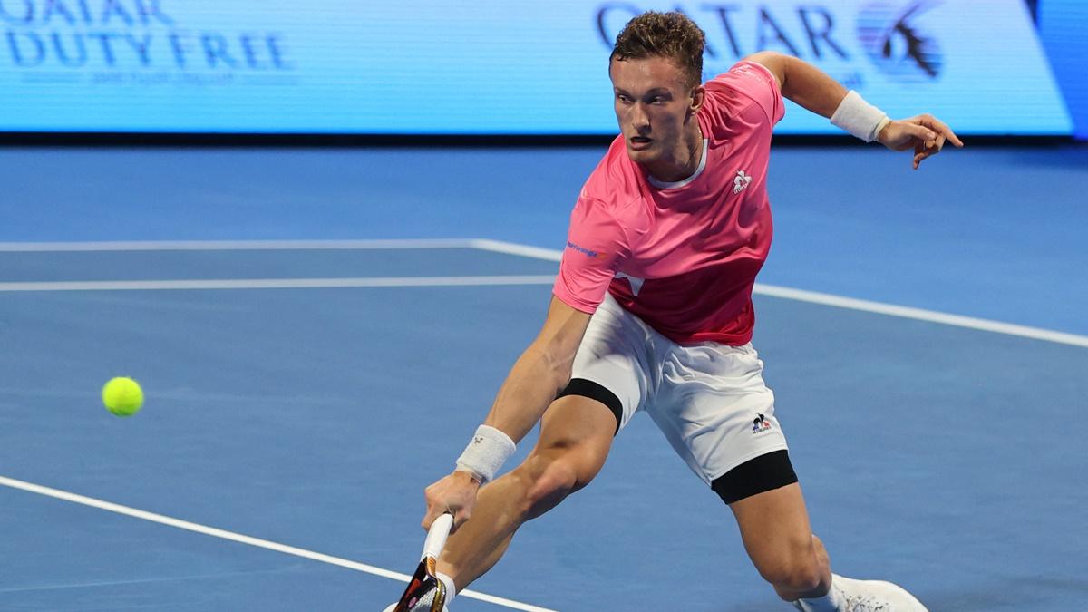 The Czech Republic's Jiri Lehecka in action during the Qatar Open quarter-final against Spain's Carlos Alcaraz at Khalifa International Tennis and Squash Complex, Doha, on Thursday.