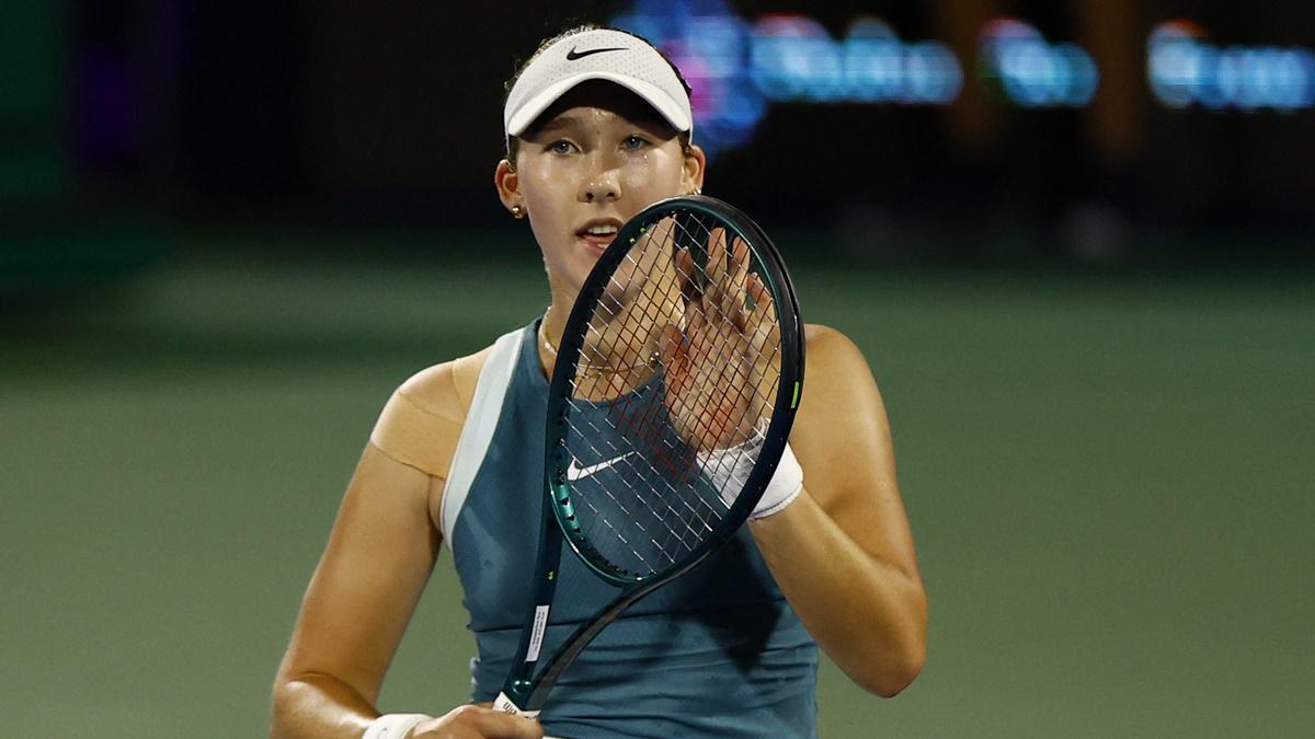 Russia's Mirra Andreeva celebrates victory over Kazakhstan's Elena Rybakina in the semi-finals of the Dubai Championships, at Dubai Tennis Stadium, UAE, on Friday.