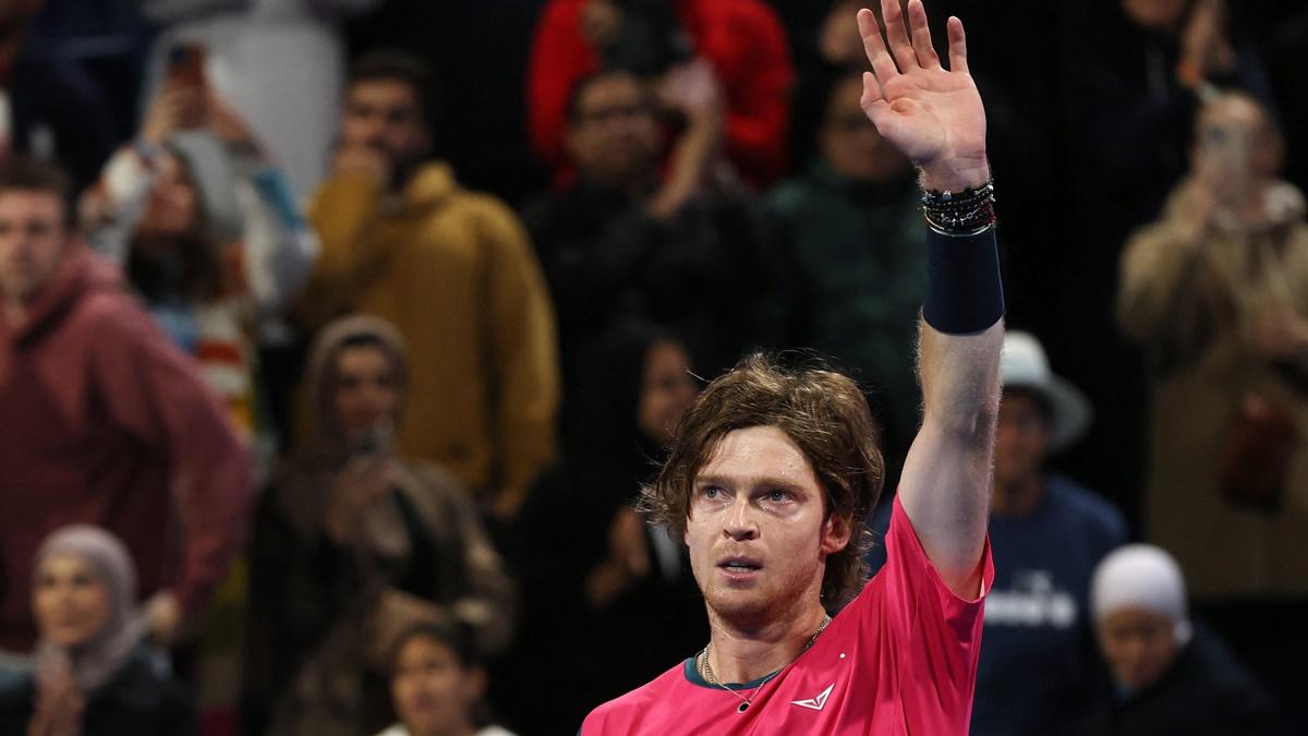 Russia's Andrey Rublev waves to the stands after defeating Canada's Felix Auger Aliassime in the semi-finals of the Qatar Open, at Khalifa International Tennis and Squash Complex, Doha, on Friday.